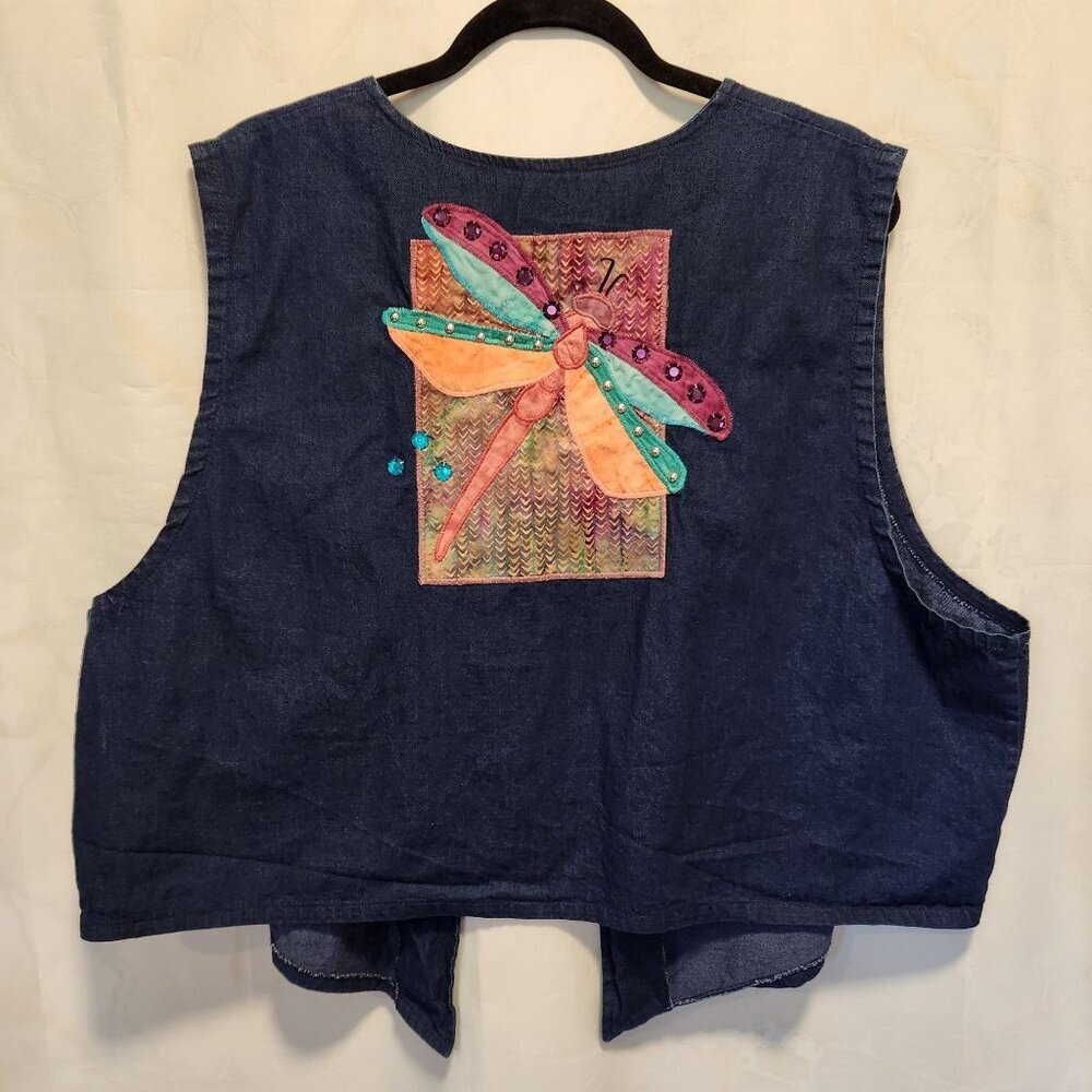 Vintage‎ Alfredo's Wife Denim Vest Women's XL Dragonfly Applique W/Rhinestones - Picture 2 of 7